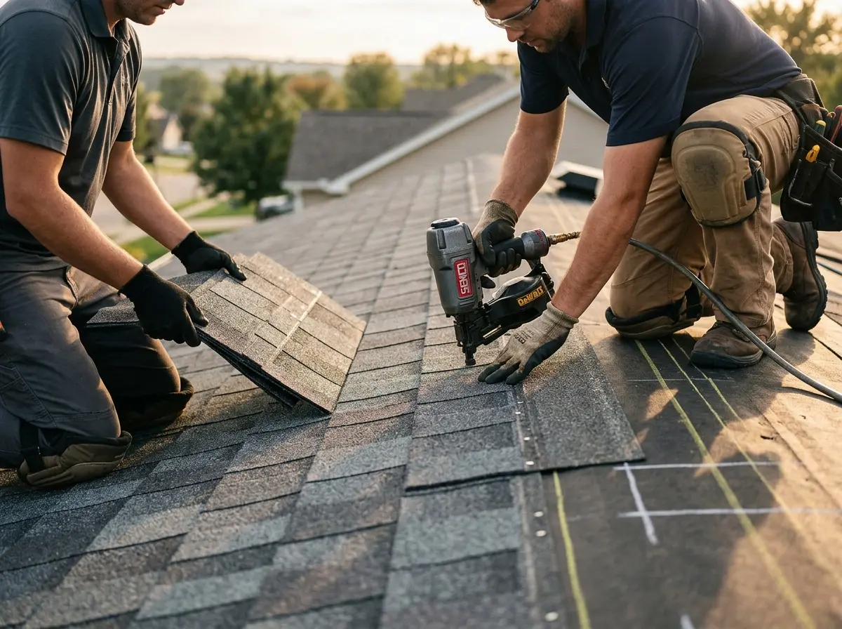 Professional roofer working on a residential roof in Painesville